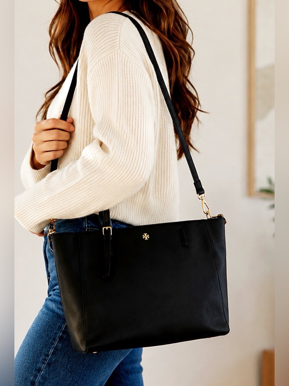 Tory Burch Emerson Black Saffiano Leather Tote Crossbody Bag